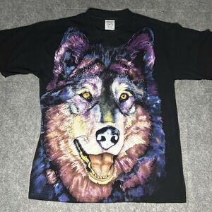 Vtg 90's Men's Xl Wolves AOP Galaxy Single Stitch Sleeve Black Tshirt Husky Wolf